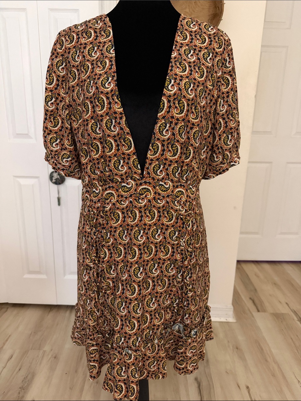 The East Order Paisley Deep V Mini Dress in Brown